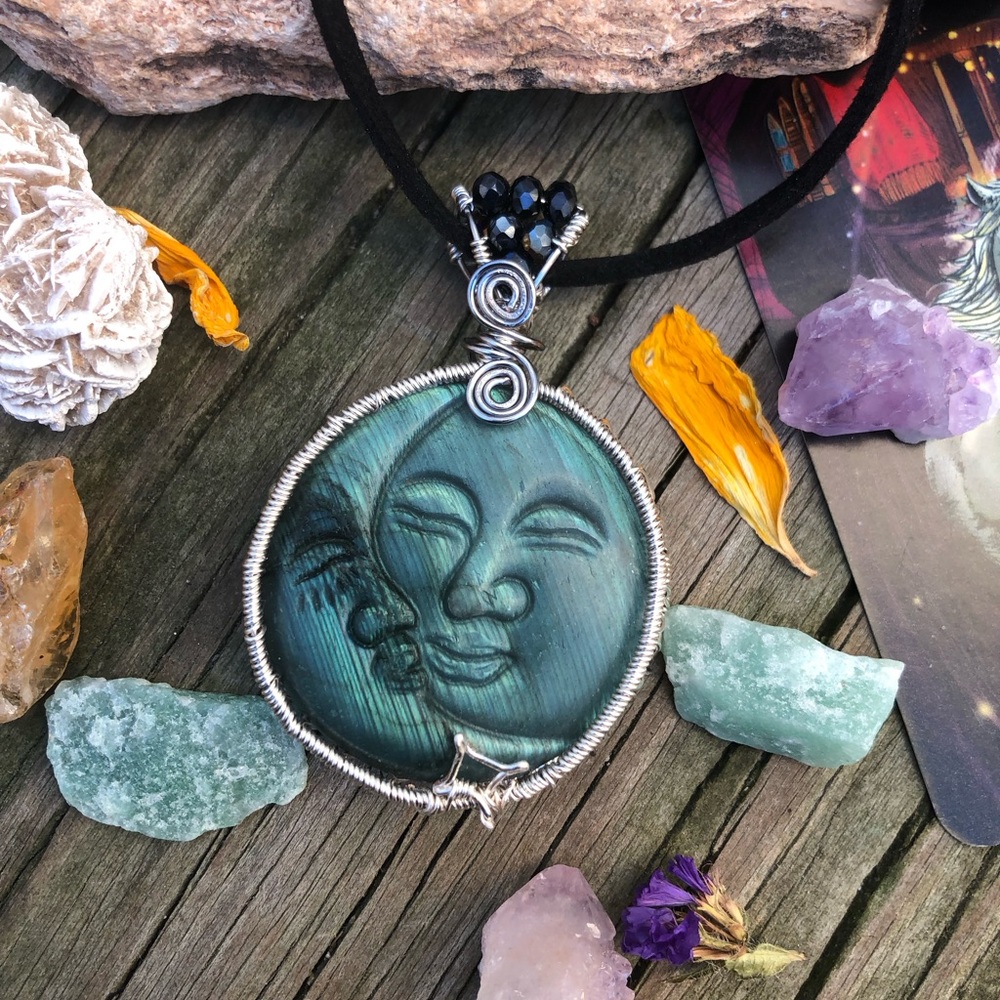 Wire Wrapped Labradorite Moon Necklace Carved Sun Moon Crystal Pendant